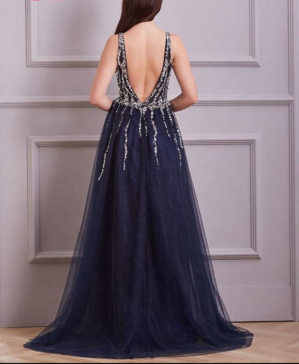 Evening Dress Luxury A-Line  Thin Straps Crystal Beaded Open Back formal Floor Length ball Gown Natalia Home Fashion    Natalia Home Fashion