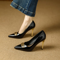 French Style Single Shoes Spring Women Pumps New Pointed Toe Shallow Mouth Metallic Buckle Commuting Shoes Stiletto Single Shoes