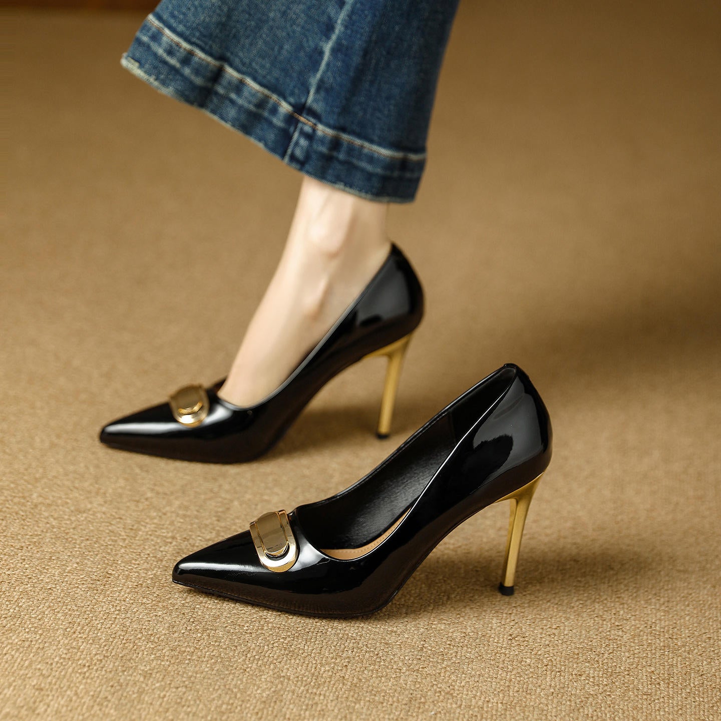 French Style Single Shoes Spring Women Pumps New Pointed Toe Shallow Mouth Metallic Buckle Commuting Shoes Stiletto Single Shoes