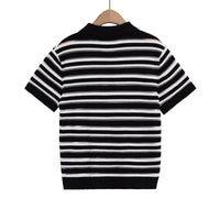 Women's Casual Button Top French Retro Turn-down Collar Striped Knitted Short-sleeved Sweater Top Natalia Home Fashion    Natalia Home Fashion