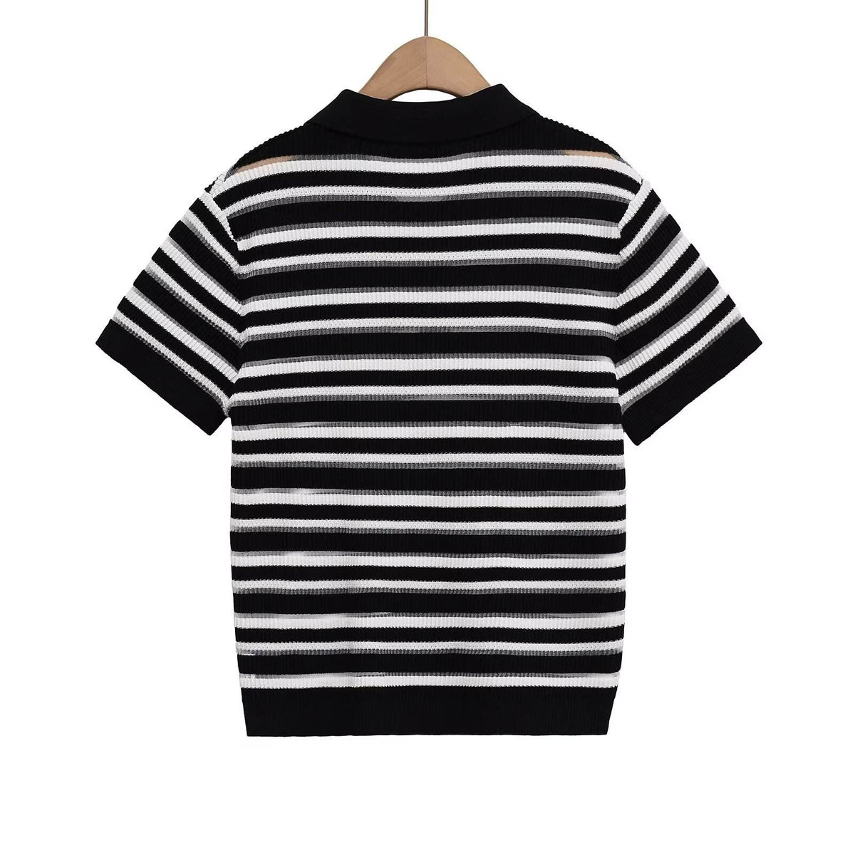 Women's Casual Button Top French Retro Turn-down Collar Striped Knitted Short-sleeved Sweater Top Natalia Home Fashion    Natalia Home Fashion