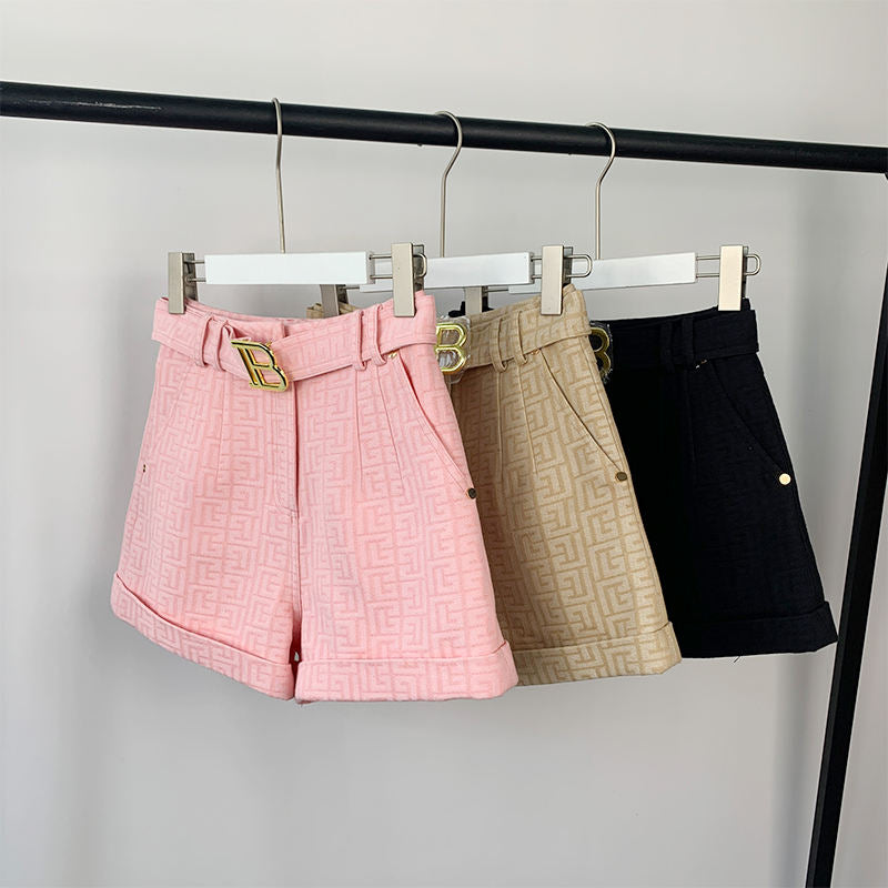 Texture Washed Denim Shorts for Women with Belt Casual Style Quality Jeans Trousers shorts