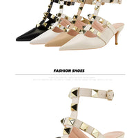 Female Rivets T-strap Sandals Pointy Toe Soft Leather Sexy Women Shoes Comfort 6CM High Heels Ladies Work Dress Shoe