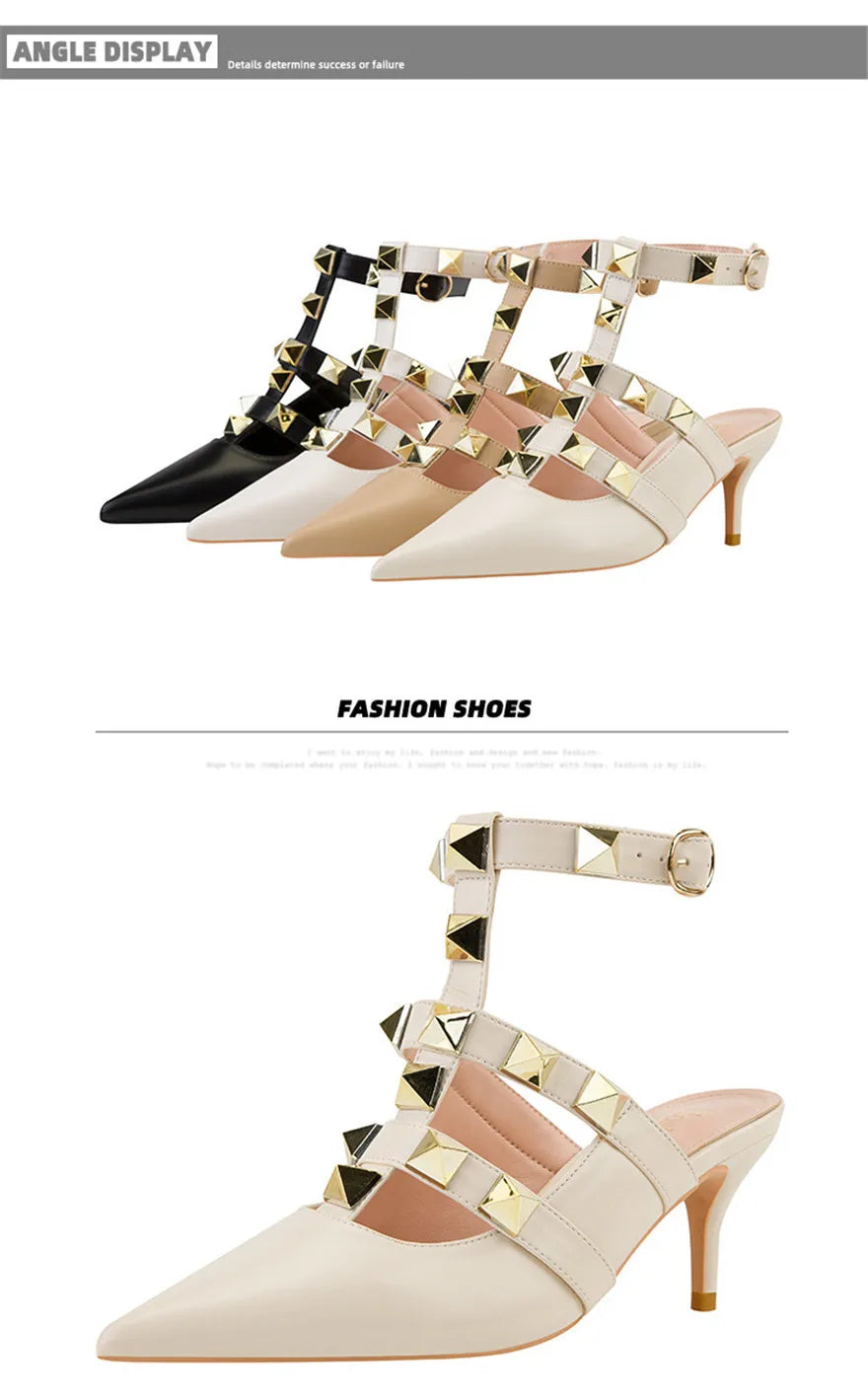 Female Rivets T-strap Sandals Pointy Toe Soft Leather Sexy Women Shoes Comfort 6CM High Heels Ladies Work Dress Shoe