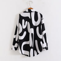 Elegant Casual Abstract Print Shirt for Women Turn-down Collar long Sleeve Loose Slimming Versatile Blouse