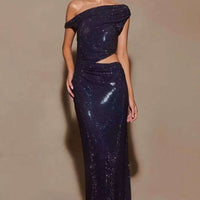 Fashion Water Diamond Slanted Shoulder Hollowed Out Sparkling Party Dress Women's Ankle-length Dresses