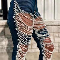 Heavy Duty Denim Jeans Women's High Waist High Elasticity Hole Punching Beading Long Pants Trendy Spicy Girl Style