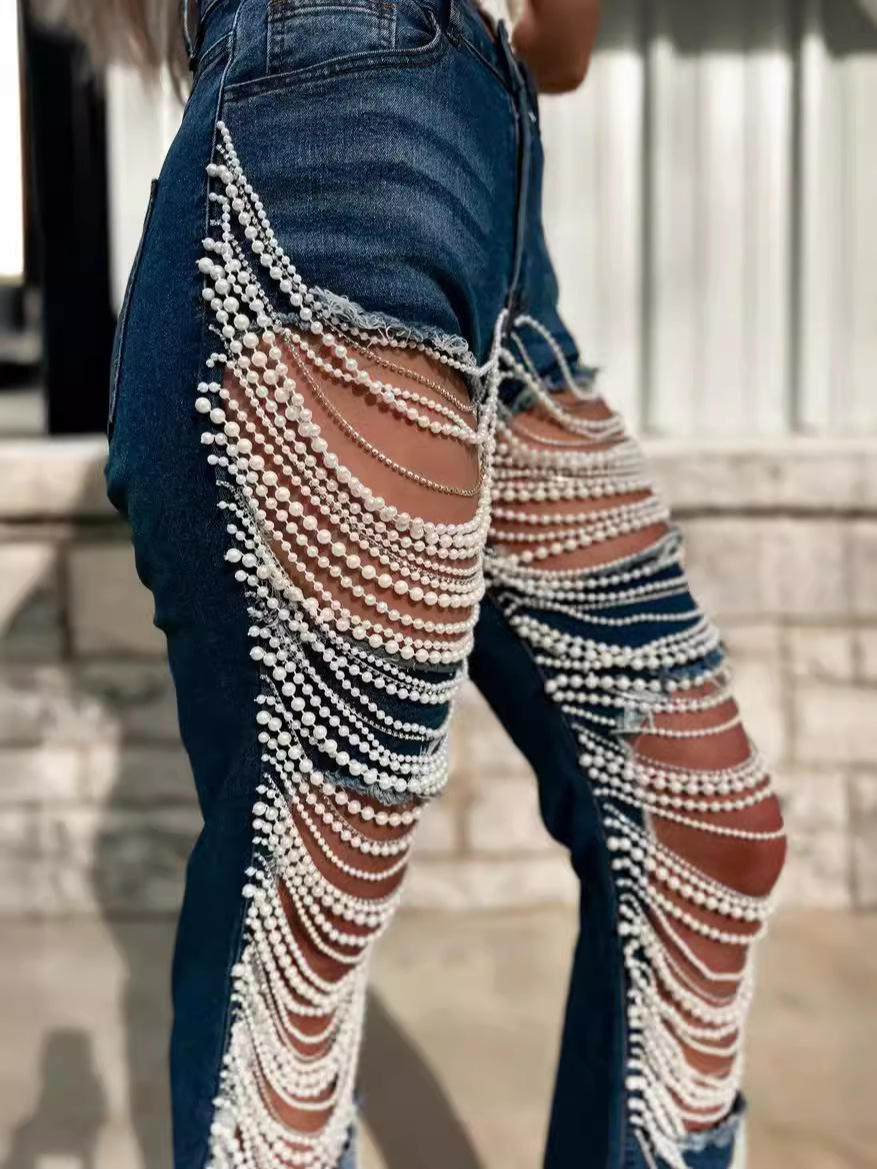 Heavy Duty Denim Jeans Women's High Waist High Elasticity Hole Punching Beading Long Pants Trendy Spicy Girl Style
