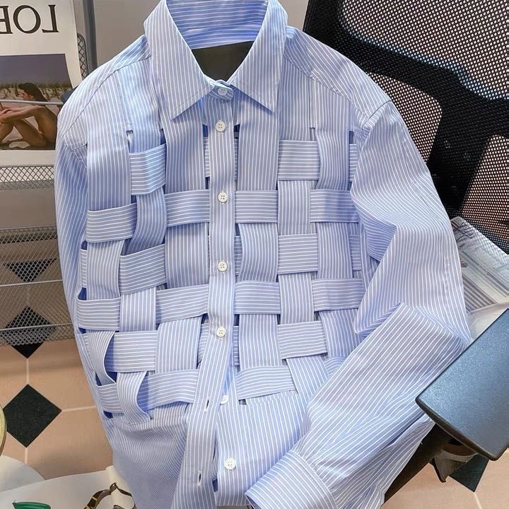 Blue Long Sleeved Striped Shirts for Women Polo Neck Cool and Elegant Women's Shirts