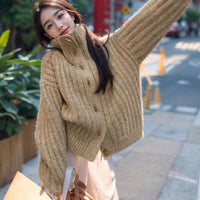 Vintage Soft And Supple Design Sensibility Horn Button polo/turtle Neck Women's Winter Idle Style Loose-Fit Thickened Knitted Ca