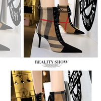 Ankle Women Boots Fashion Slim Heel High Heel Pointed Plaid Plaid Lace up Fashion Cross Strapping Boots