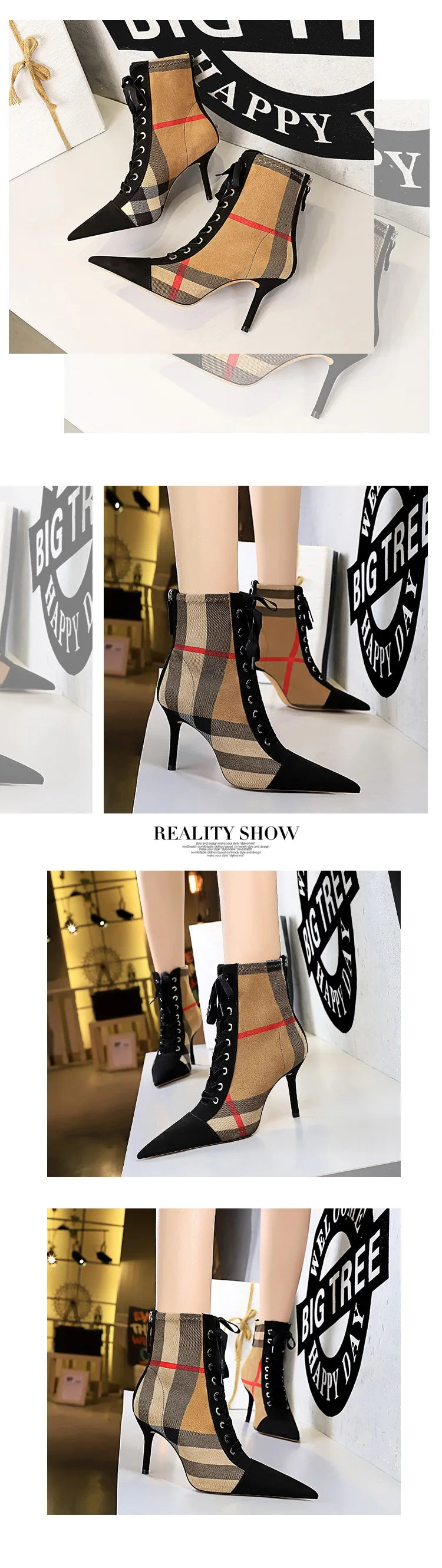 Ankle Women Boots Fashion Slim Heel High Heel Pointed Plaid Plaid Lace up Fashion Cross Strapping Boots