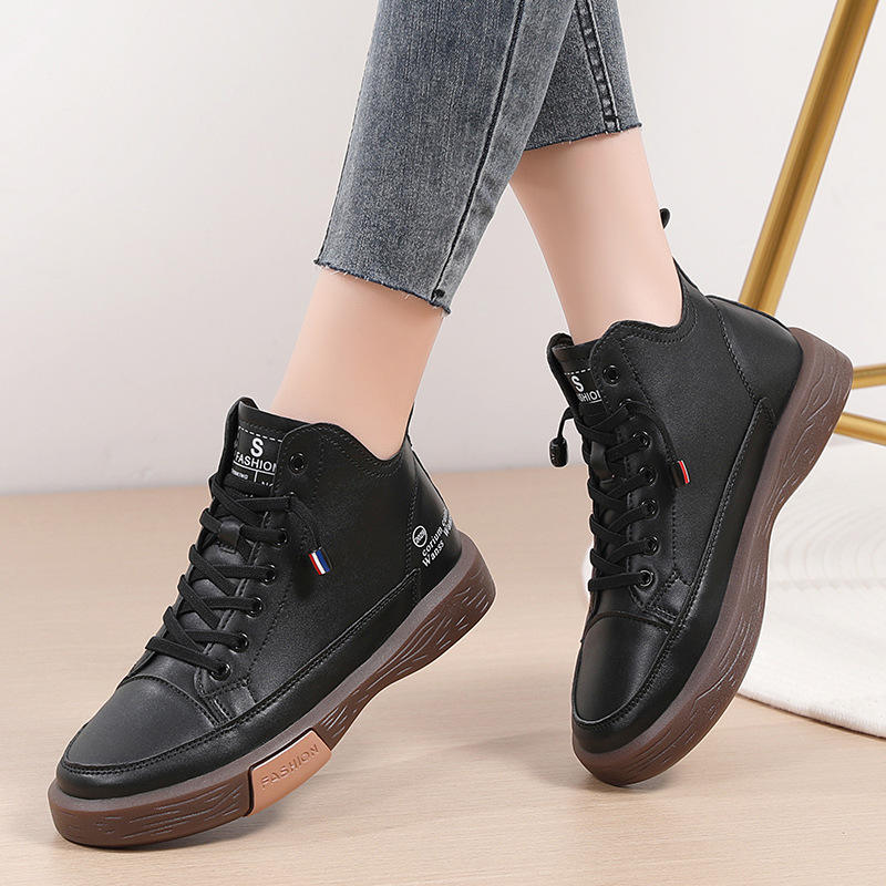 Women Casual Genuine Leather Soft Sole High Top Walking Sneaker Girl Student Sport Jogging Shoes Flats Trendy  Ankle High Sneakers