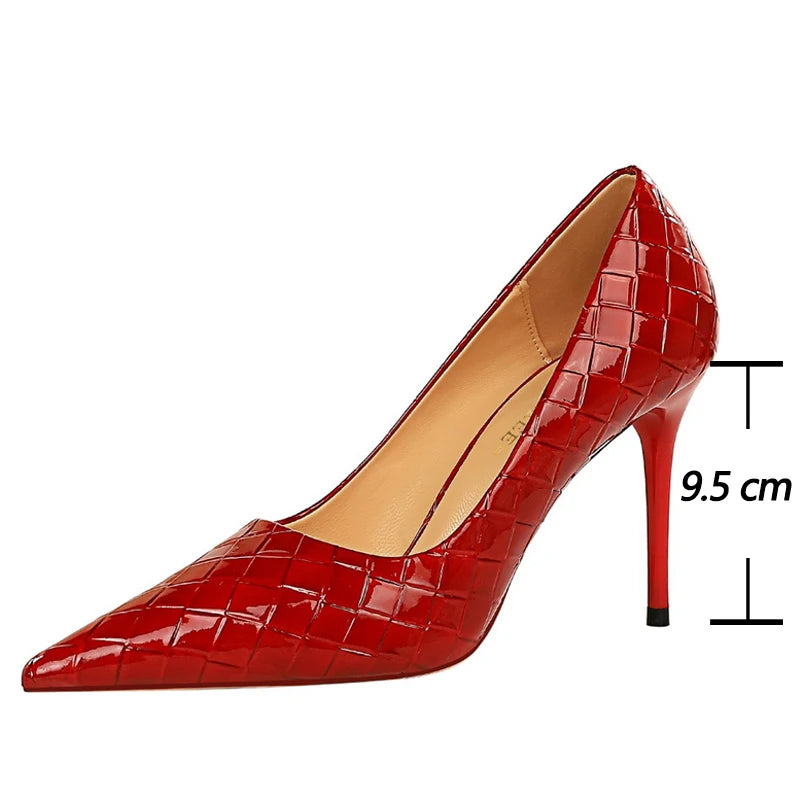 Woven Pattern Woman Pumps Patent Leather Pumps Shoes Women High Heels Lady Stiletto Sexy Party Shoes