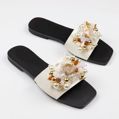 Colorful Gemstone Pearl Women Beach Sandals Fashion Square Toe Slip on Casual Daily Street Style Ladies Flat Summer Shoes