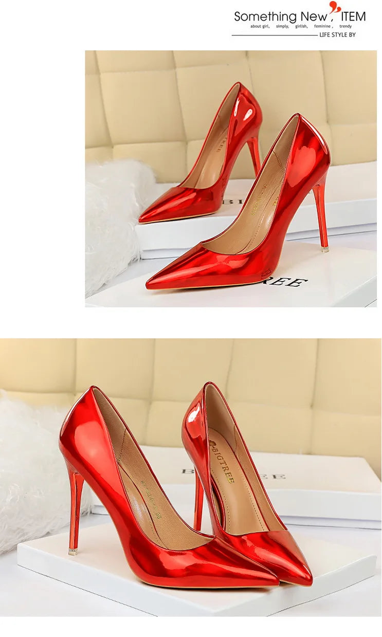 Women 10.5cm High Heels Valentine Pumps Luxury Glossy Stripper Stiletto Wedding Bridal Fetish Shoes
