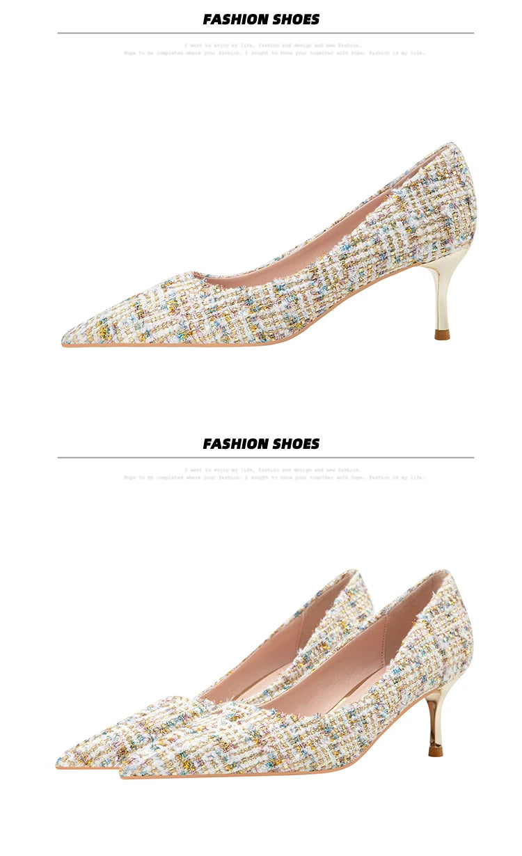 Simple Style New Fashion Sexy Wild Stiletto Metal Heels Pointed Toe Shallow Slim Bling Wedding Women Dress Pumps Shoes