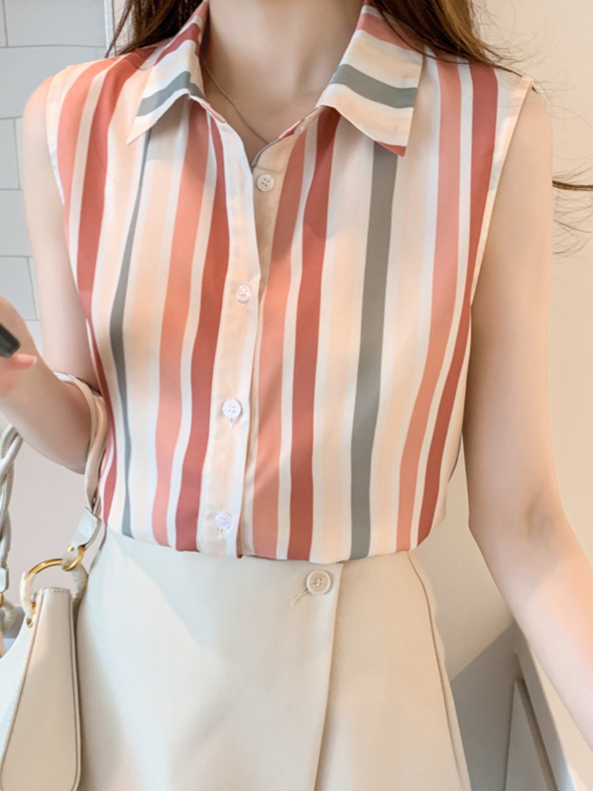 Stripe Women Blouse Casual Shirts Summer Female Clothing Sleeveless  Elegant and Youth Woman Blouses Basic Shirts and Blouses