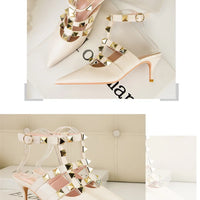 Female Rivets T-strap Sandals Pointy Toe Soft Leather Sexy Women Shoes Comfort 6CM High Heels Ladies Work Dress Shoe