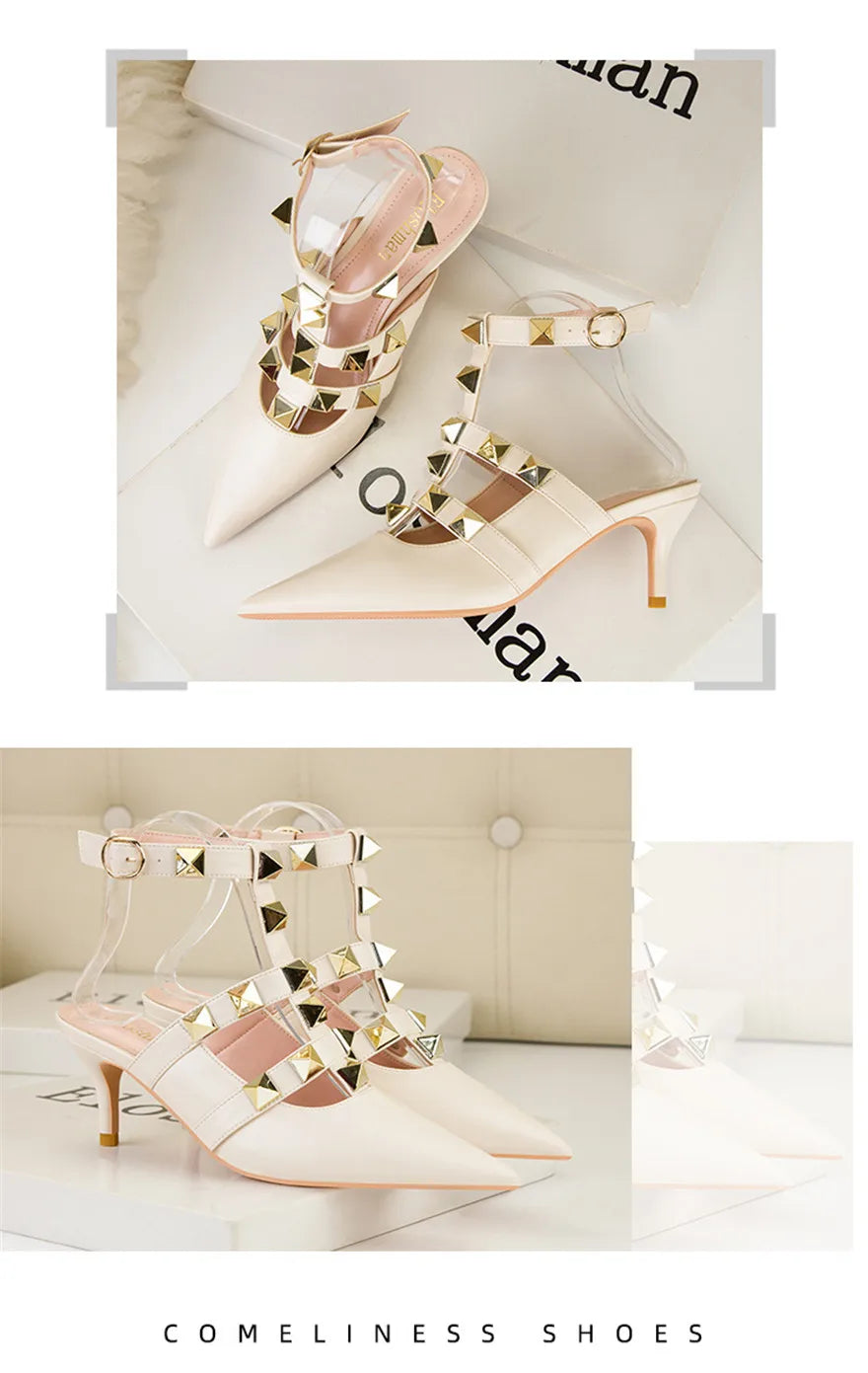 Female Rivets T-strap Sandals Pointy Toe Soft Leather Sexy Women Shoes Comfort 6CM High Heels Ladies Work Dress Shoe