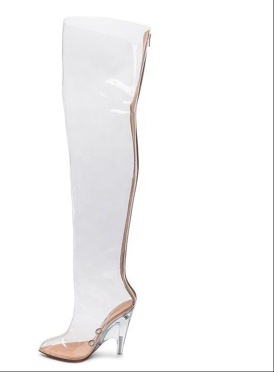 Sexy Transparent PVC High Heels Thigh Boots Pointed Toe Crystal Heels Women Clear Over The Knee Runway Stage Boots