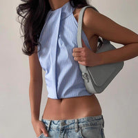 Fashion Stripe Halter Neck Backless Shirt Women Exquisite Tie Waist Sleeveless Vest Lady Daily Commute Street Cropped Wears Natalia Home Fashion    Natalia Home Fashion