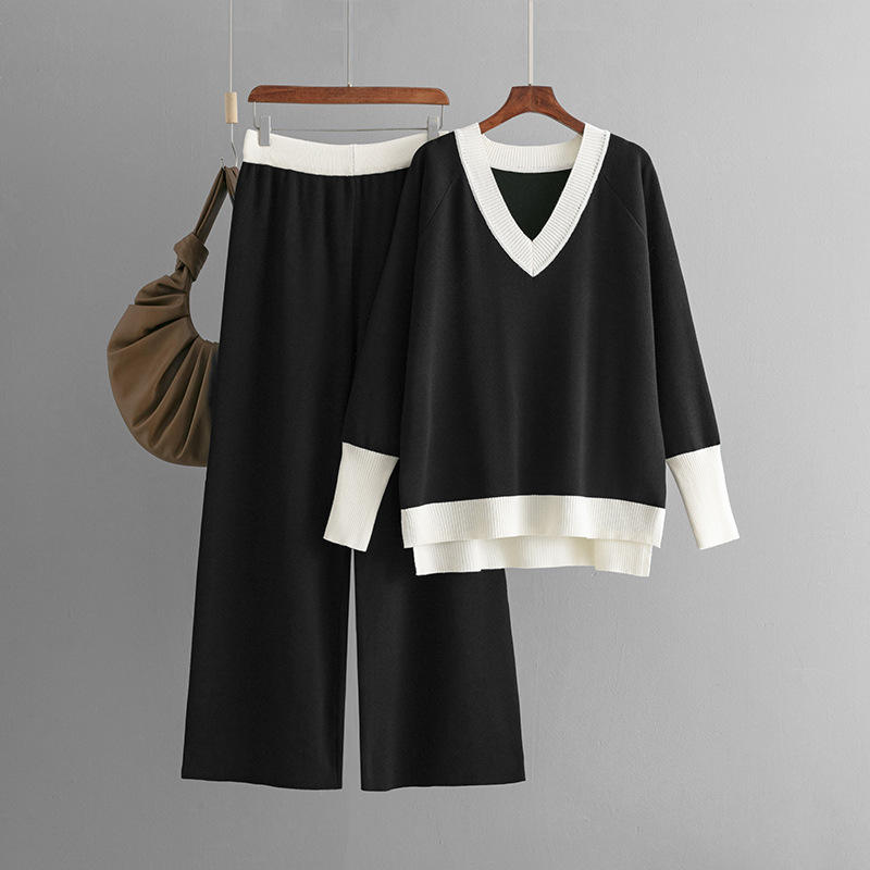 Casual Multicolor Loose Sets V Neck Sweater Solid Wide Legs Long Pants Women Knitwear Thick 2pc Suits Natalia Home Fashion    Natalia Home Fashion