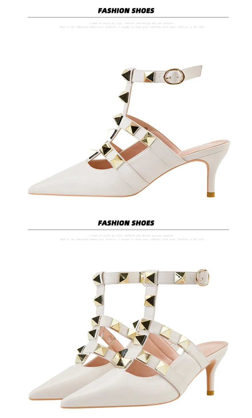 Female Rivets T-strap Sandals Pointy Toe Soft Leather Sexy Women Shoes Comfort 6CM High Heels Ladies Work Dress Shoe