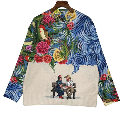 Women's Crew Neck Knit Sweater Loose Fit Van Gogh Starry Night Floral Art Print Bohemian Style Natalia Home Fashion    Natalia Home Fashion