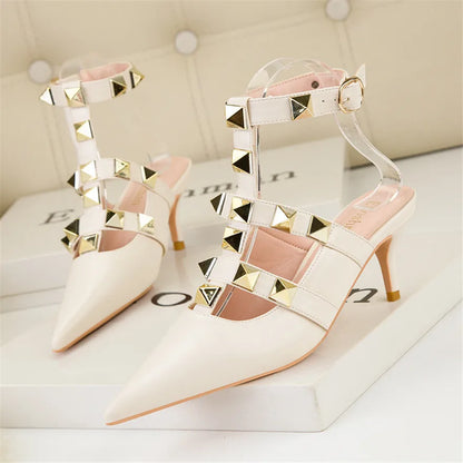 Female Rivets T-strap Sandals Pointy Toe Soft Leather Sexy Women Shoes Comfort 6CM High Heels Ladies Work Dress Shoe - Natalia Home Fashion