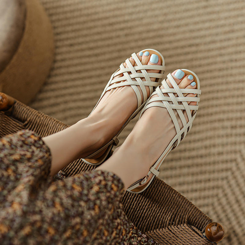Retro Style Roman Woven Sandals Women Flat Low Heel Pure Color Breathable Casual Shoes Flats - Natalia Home Fashion