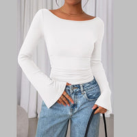 Solid Color Boat Collar Flared Sleeve T-shirt for Women Slim Fit Pleated Slim Top Long Sleeves Natalia Home Fashion    Natalia Home Fashion