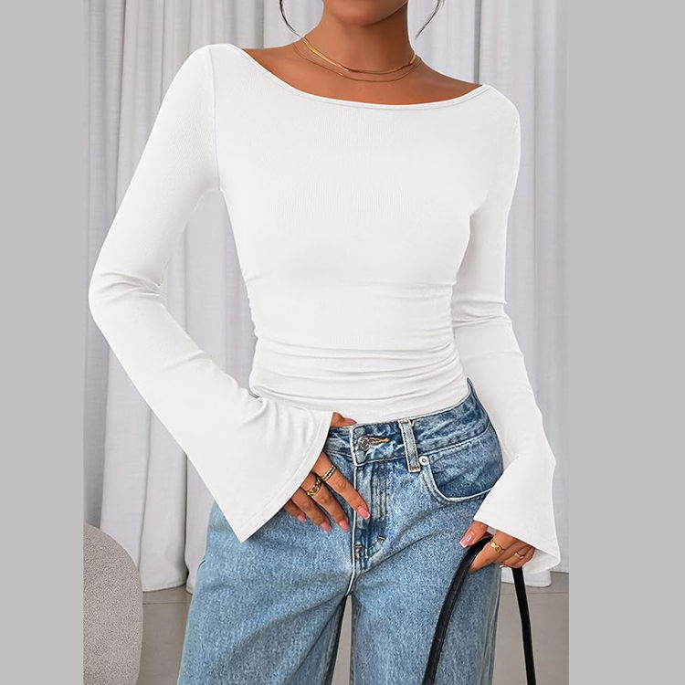 Solid Color Boat Collar Flared Sleeve T-shirt for Women Slim Fit Pleated Slim Top Long Sleeves Natalia Home Fashion    Natalia Home Fashion
