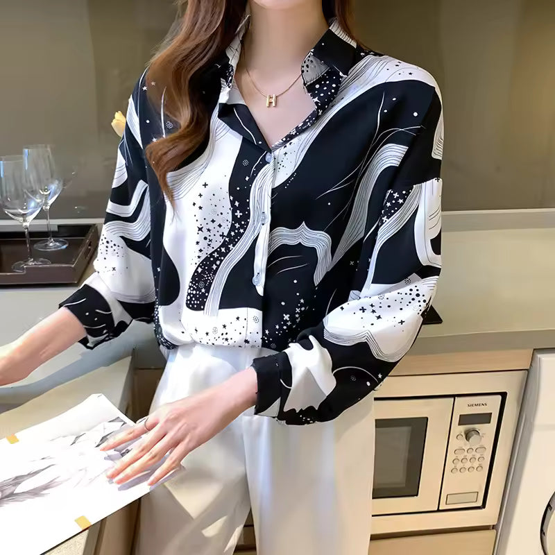 Lady Turn Down Collar Printed Shirt Fashion Tops Casual Long Sleeve Blouse Vintage Clothes