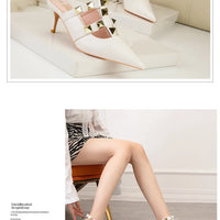 Female Rivets T-strap Sandals Pointy Toe Soft Leather Sexy Women Shoes Comfort 6CM High Heels Ladies Work Dress Shoe