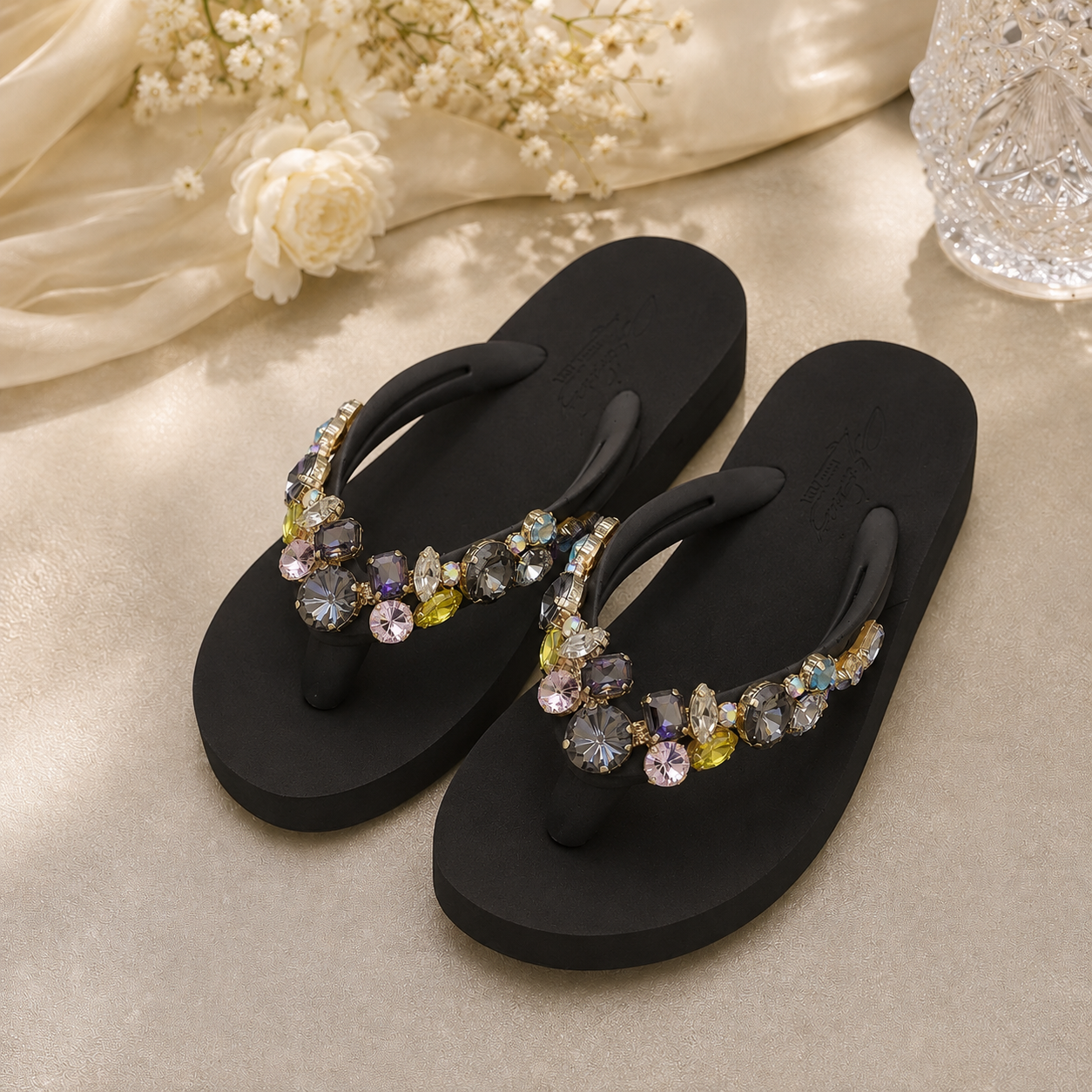Rhinestone Flip Flops Women's Summer Slope High Heel Non Slip Outer Wear Fashionable Height Enhancing Cool Slippers