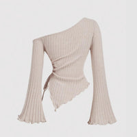 Fashion Slant Shoulder Street Personalized Style Spicy Girl Irregular Tie Rope Long Sleeve Slimming T-shirt Women's Wear