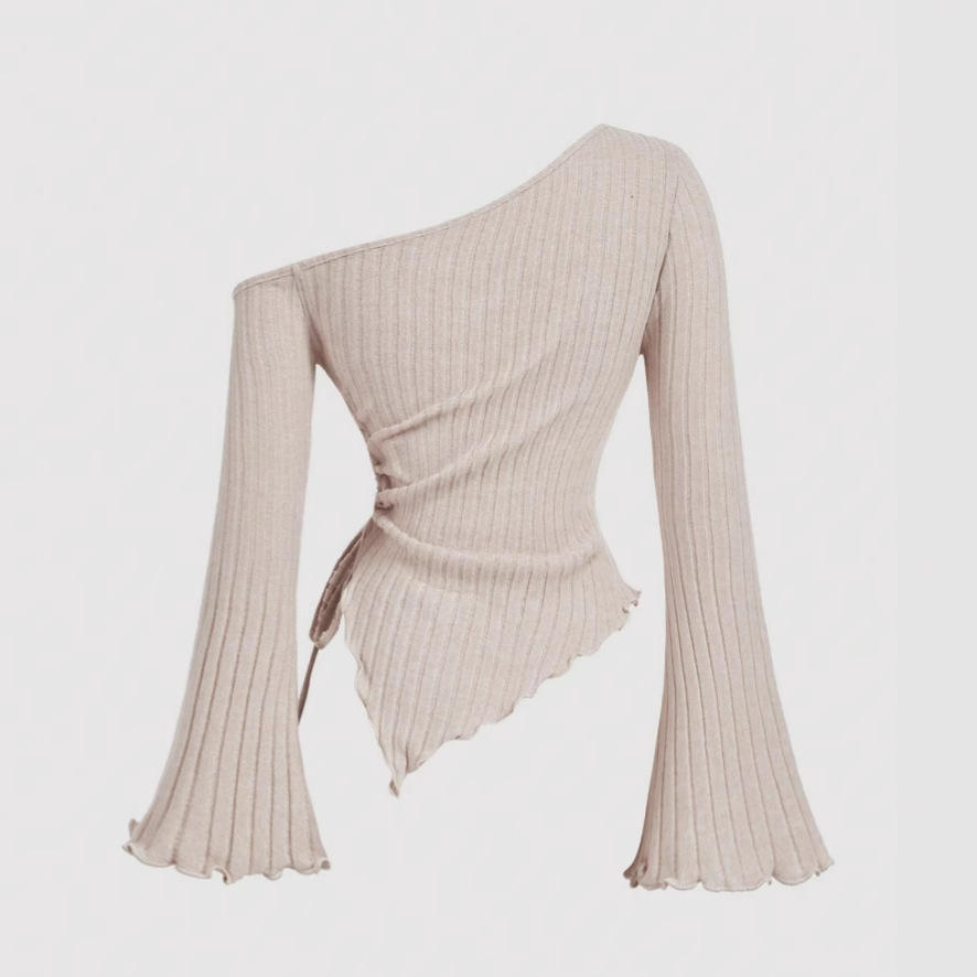 Fashion Slant Shoulder Street Personalized Style Spicy Girl Irregular Tie Rope Long Sleeve Slimming T-shirt Women's Wear