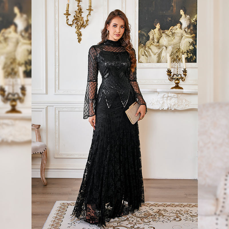 Black Lace Mermaid Elegant Evening Dress for Women High Neck Long Sleeve Sequins Party Dresses Prom Gowns Wedding