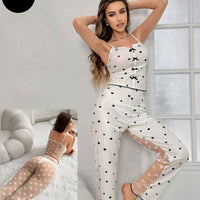 Women's 2-piece printed sleepwear semi transparent mesh casual printed vest elastic waist pants summer transparent mesh Pajama Suit
