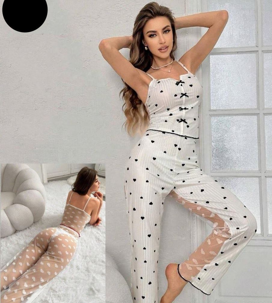 Women's 2-piece printed sleepwear semi transparent mesh casual printed vest elastic waist pants summer transparent mesh Pajama Suit
