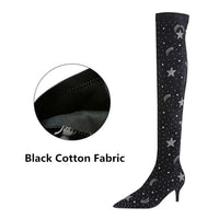 Women Fashion Crystal Sock Boots Stretch Flock Over The Knee Long Boots Pointed Toe Zipper High Heels Woman Shoes