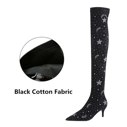 Women Fashion Crystal Sock Boots Stretch Flock Over The Knee Long Boots Pointed Toe Zipper High Heels Woman Shoes Natalia Home Fashion    Natalia Home Fashion