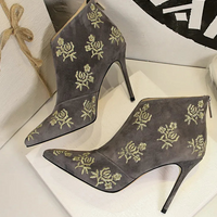 Ankle Length Flock Boots Women Fashion Pointed Toe High Heel Shoes Ankle Boots Embroider Design Ladies Shoes