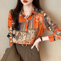 Slim Floral Long-sleeved Shirt Loose Printed Top for Women