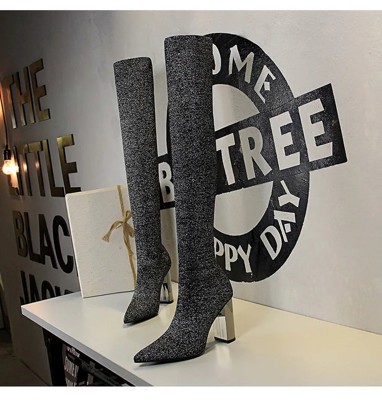 Sexy Slim Over-the-Knee High Heel Knee High Boots Women Long Boots Metal Heel Shoes
