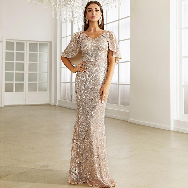 Cape Sleeves Sequined Evening Dress Mermaid Tail And Floor-Length Dress Elegant Dresses For Evening Dress