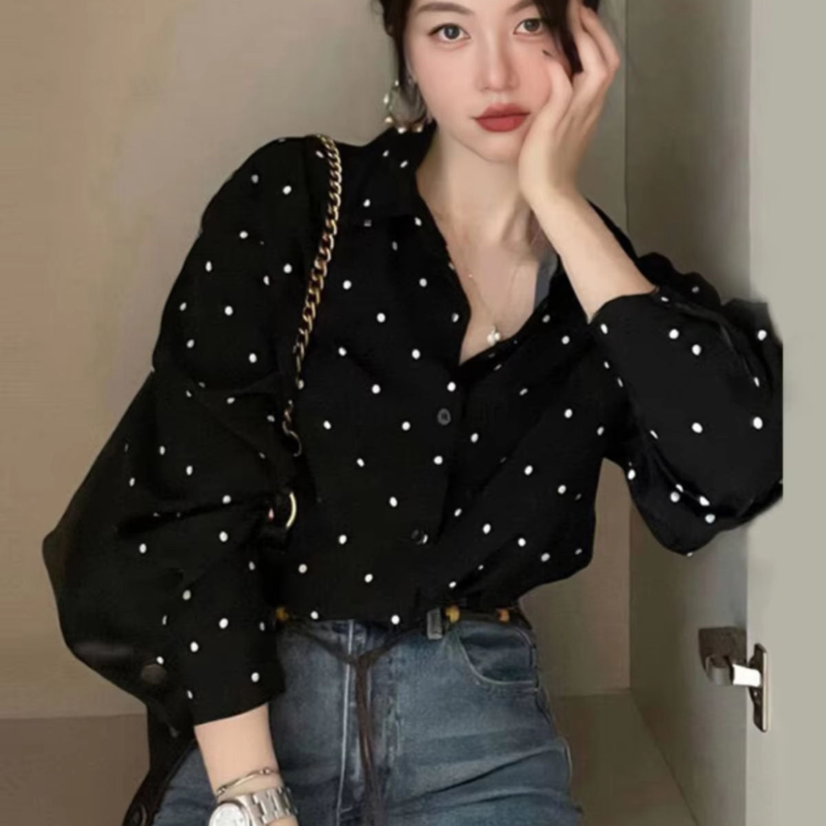 Chic Polka Dot Long Sleeve Shirt Women's Turn-down Collar French Style Simple Design Spring Summer New Arrival