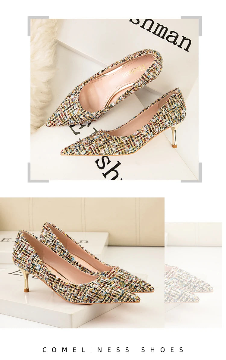 Simple Style New Fashion Sexy Wild Stiletto Metal Heels Pointed Toe Shallow Slim Bling Wedding Women Dress Pumps Shoes