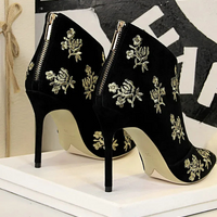 Ankle Length Flock Boots Women Fashion Pointed Toe High Heel Shoes Ankle Boots Embroider Design Ladies Shoes